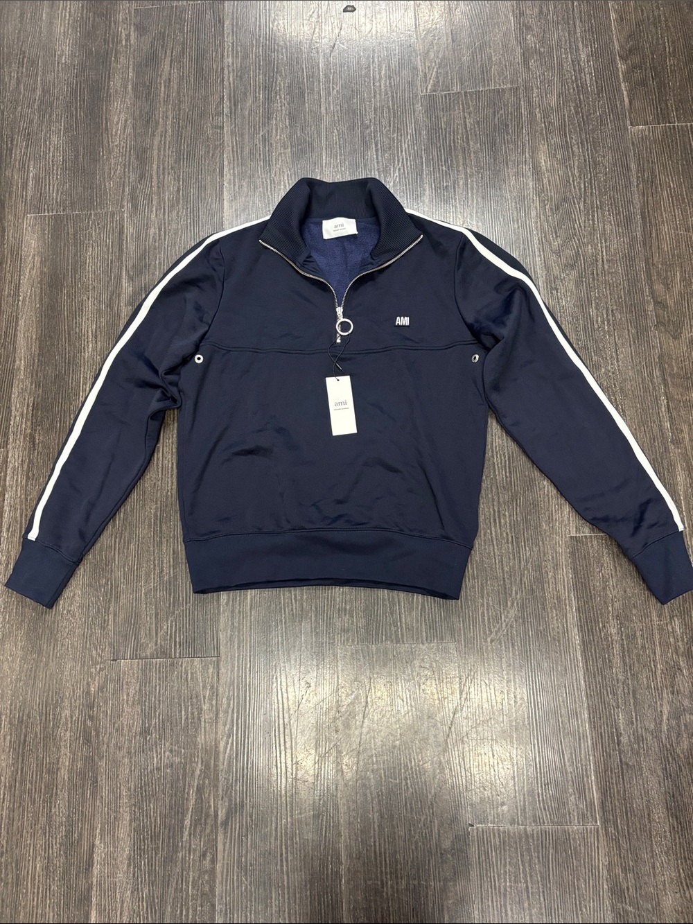 Ami Navy Quarter-Zip Track Sweater with White Sleeve Stripes Size Medium